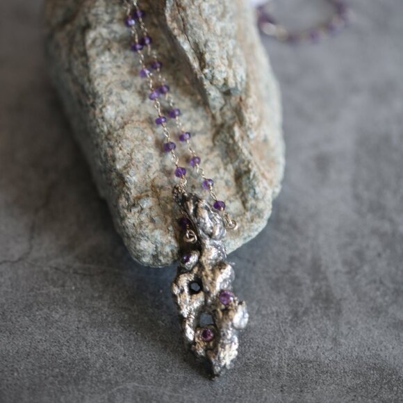 Fine Silver Cholla Skeleton Pendant with CZs and Amethyst February Birthstone